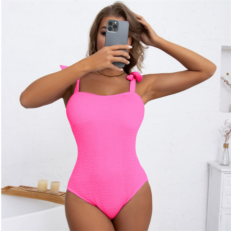 Women's Pleated Wave Cloth Pure Color Tied One-piece Swimsuit