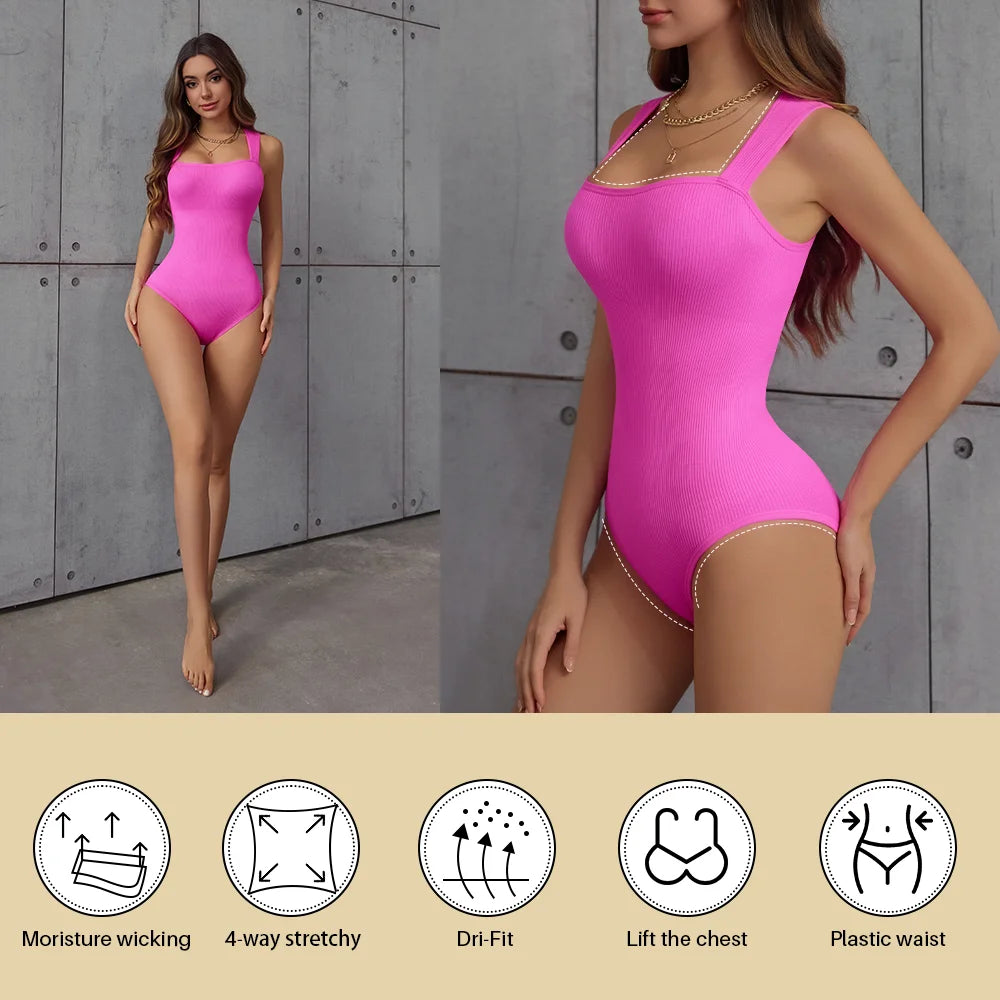 POKARLA Ribbed Tummy Bodysuit Daily Shaper Jumpsuit Light Control Compress Tummy Control Open Crotch Shapewear Suits Open Crotch