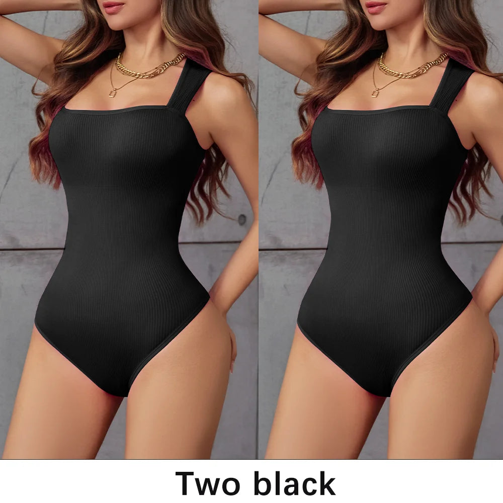 POKARLA Ribbed Tummy Bodysuit Daily Shaper Jumpsuit Light Control Compress Tummy Control Open Crotch Shapewear Suits Open Crotch