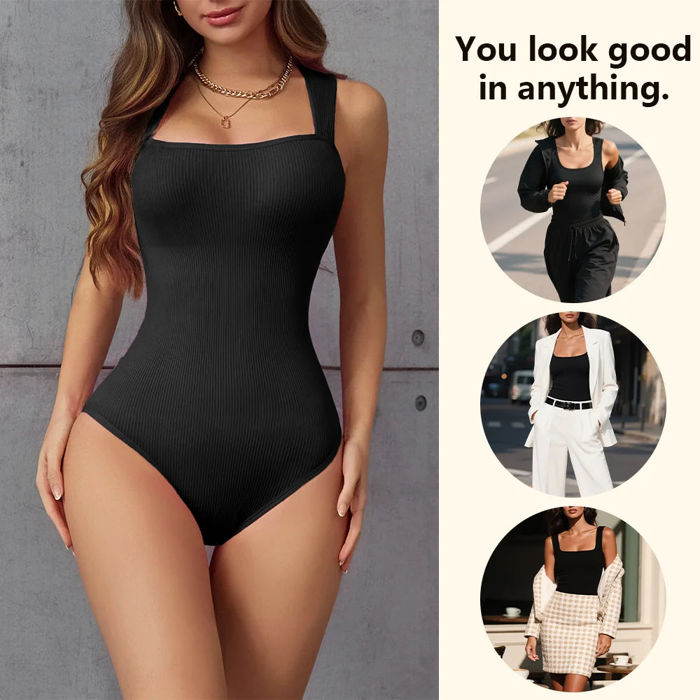 POKARLA Ribbed Tummy Bodysuit Daily Shaper Jumpsuit Light Control Compress Tummy Control Open Crotch Shapewear Suits Open Crotch