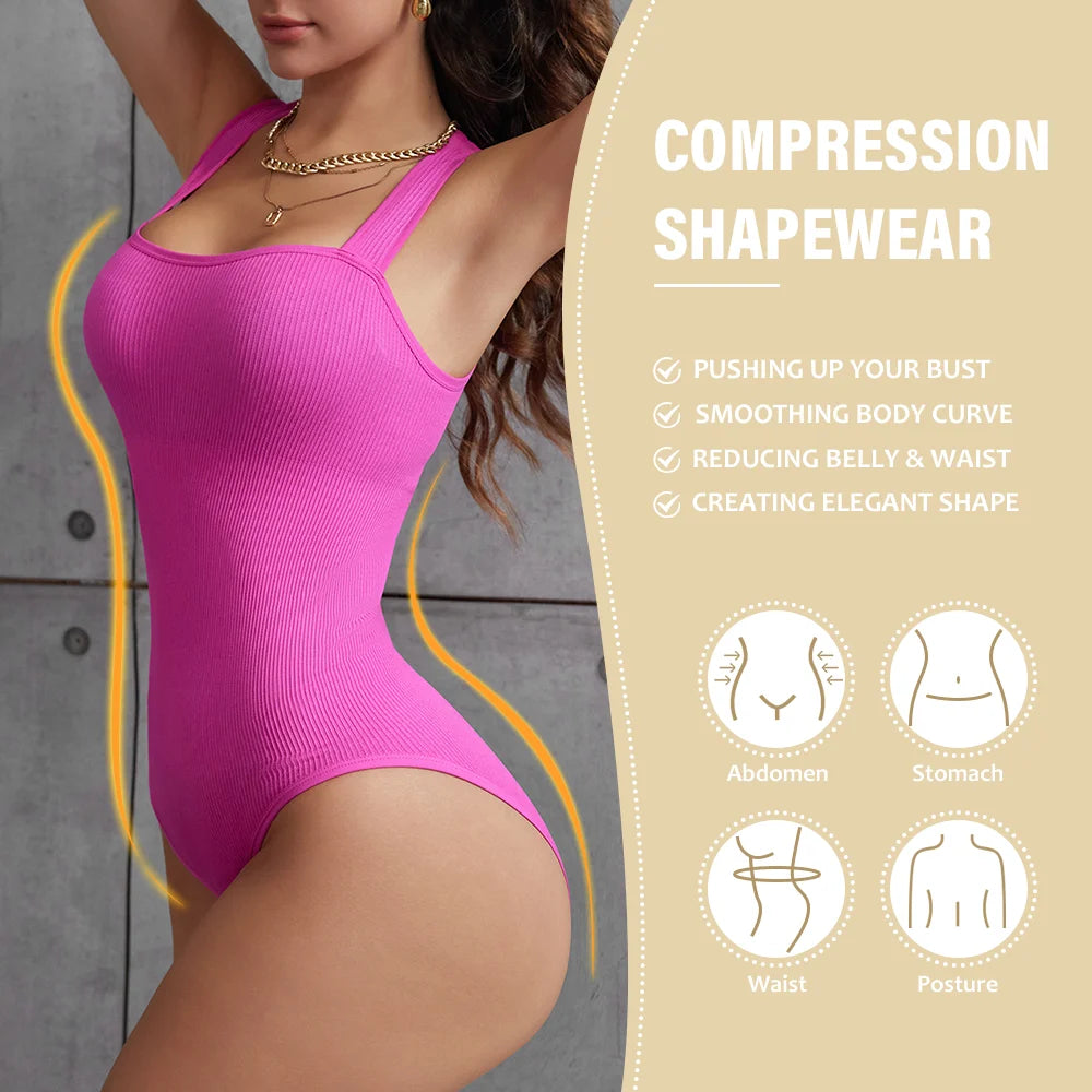 POKARLA Ribbed Tummy Bodysuit Daily Shaper Jumpsuit Light Control Compress Tummy Control Open Crotch Shapewear Suits Open Crotch