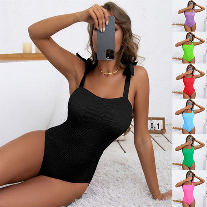Women's Pleated Wave Cloth Pure Color Tied One-piece Swimsuit