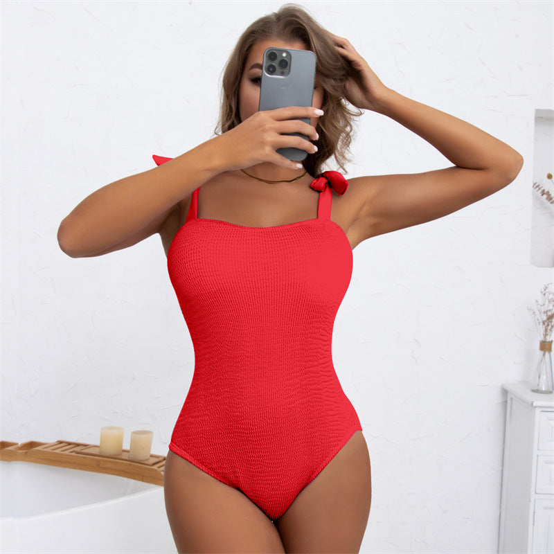 Women's Pleated Wave Cloth Pure Color Tied One-piece Swimsuit