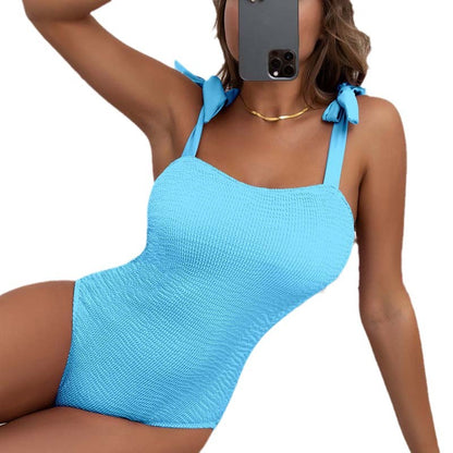 Women's Pleated Wave Cloth Pure Color Tied One-piece Swimsuit