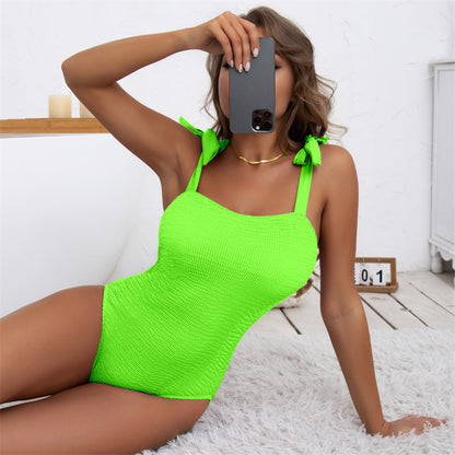 Women's Pleated Wave Cloth Pure Color Tied One-piece Swimsuit