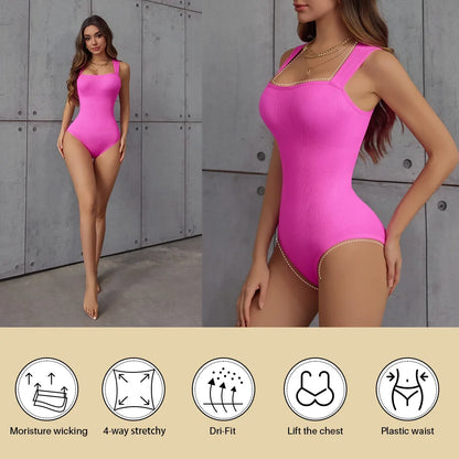 POKARLA Ribbed Tummy Bodysuit Daily Shaper Jumpsuit Light Control Compress Tummy Control Open Crotch Shapewear Suits Open Crotch