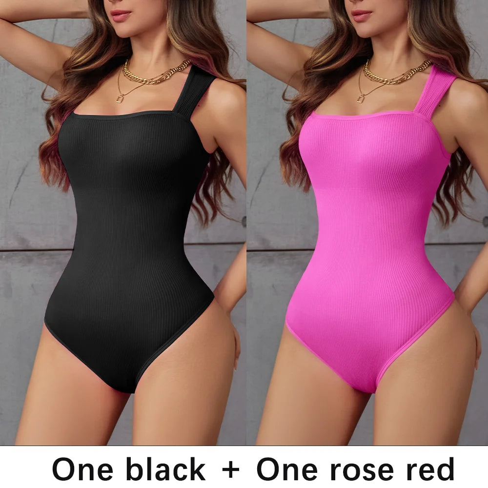 POKARLA Ribbed Tummy Bodysuit Daily Shaper Jumpsuit Light Control Compress Tummy Control Open Crotch Shapewear Suits Open Crotch