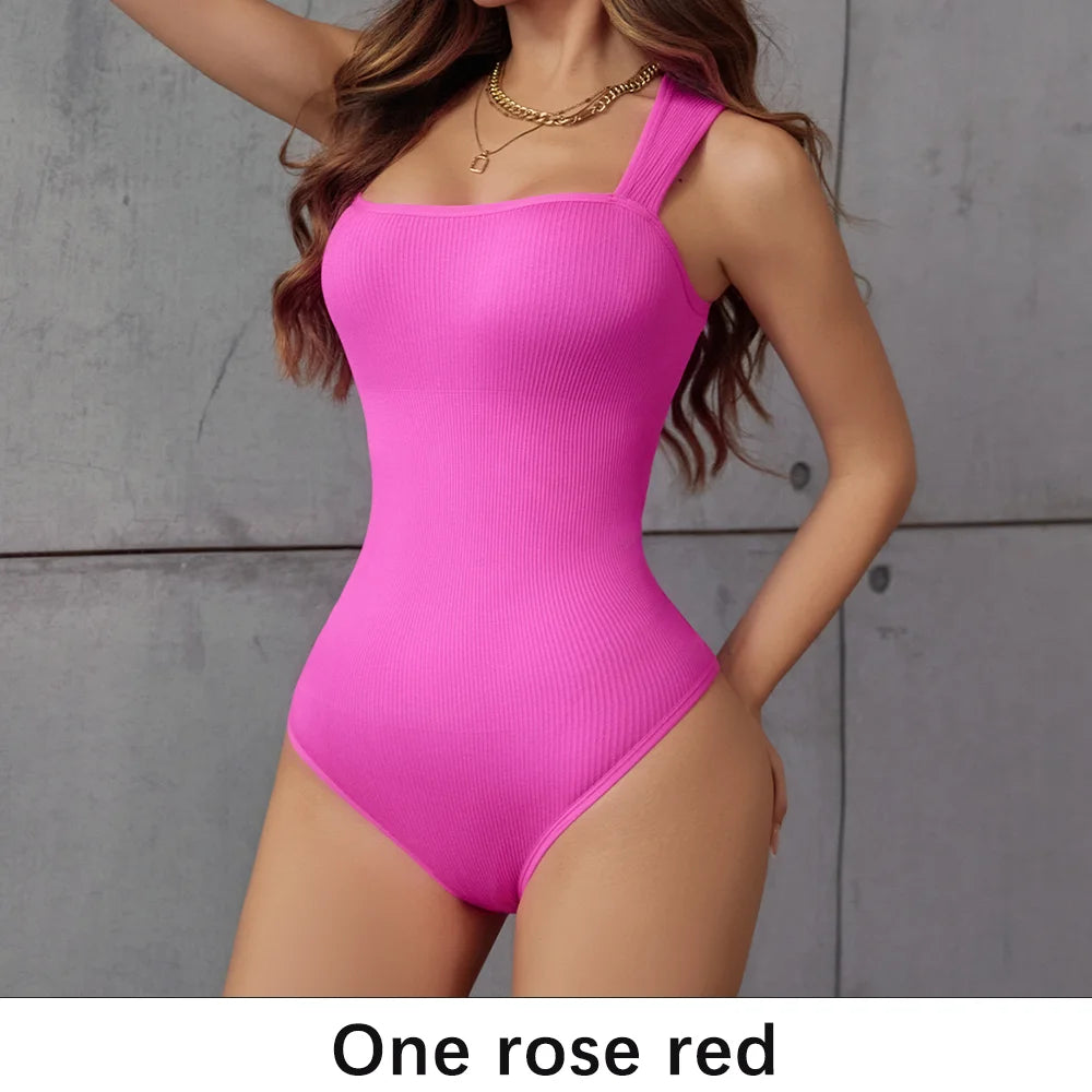 POKARLA Ribbed Tummy Bodysuit Daily Shaper Jumpsuit Light Control Compress Tummy Control Open Crotch Shapewear Suits Open Crotch