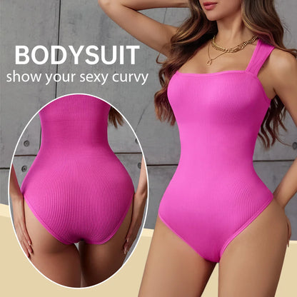 POKARLA Ribbed Tummy Bodysuit Daily Shaper Jumpsuit Light Control Compress Tummy Control Open Crotch Shapewear Suits Open Crotch