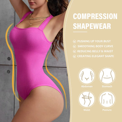 POKARLA Ribbed Tummy Bodysuit Daily Shaper Jumpsuit Light Control Compress Tummy Control Open Crotch Shapewear Suits Open Crotch